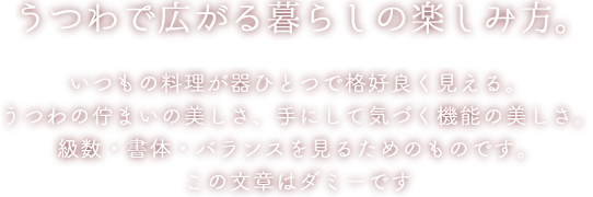 うつわで広がる暮らしの楽しみ方。いつもの料理が器ひとつで格好良く見える。
うつわの佇まいの美しさ、手にして気づく機能の美しさ。
級数・書体・バランスを見るためのものです。
この文章はダミーです。